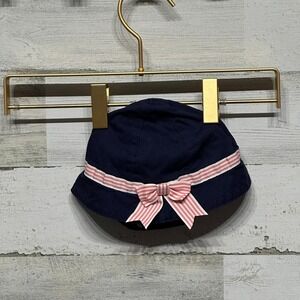 Janie and Jack Bucket Hat Girls 3-6m Navy Blue Striped Bow EUC